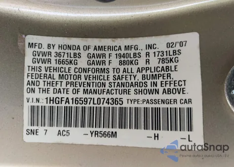 2007 Honda Civic Lx z USA, uszkodzony, nr VIN 1HGFA16597L074365